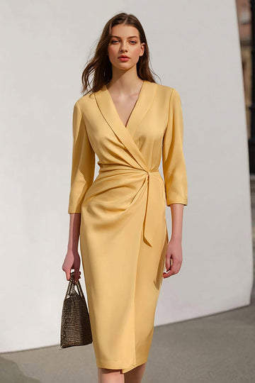 Yellow Shawl Lapel 3/4 Sleeve Ruched Sheath Work Dress